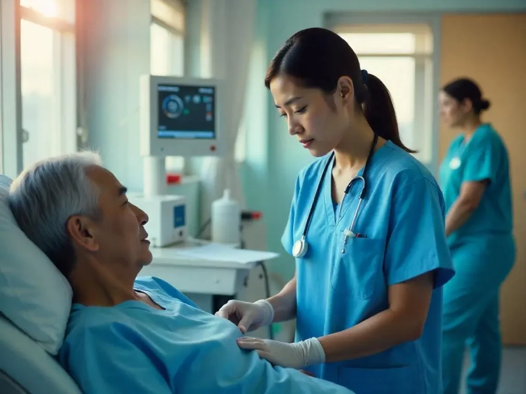A nurse treating a patient, having reached her position with the support of an agency for migrating nurses to Australia
