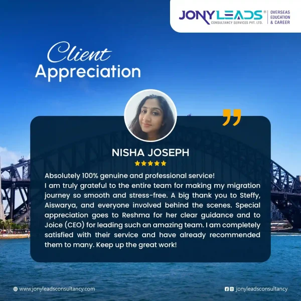 client testimonial to prove Jonyleads is the best australian immigration consultant in kerala