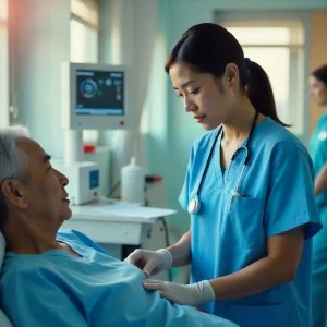 A nurse treating a patient, having reached her position with the support of an agency for migrating nurses to Australia