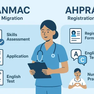 Comparison of ANMAC and AHPRA for overseas nurses in Australia, showing documents, assessments, and registration processes.